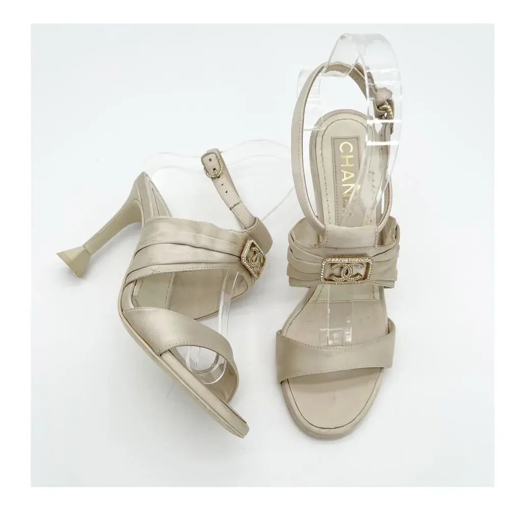 Chanel S/S 2023 Beige Satin Crystal CC Logo Ankle Strap Sandal Heels EU 36